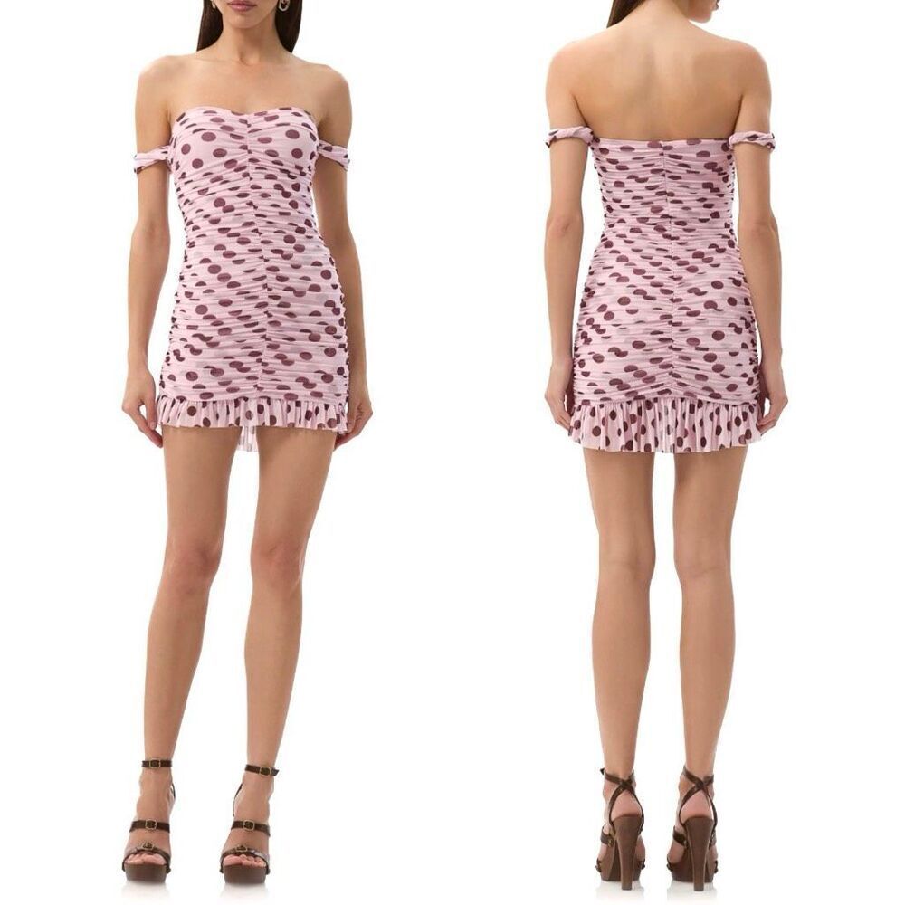 AFRM Toila Ruched Polka Dot Mini Dress Rose Dot Off Shoulder NWT XL Coquette